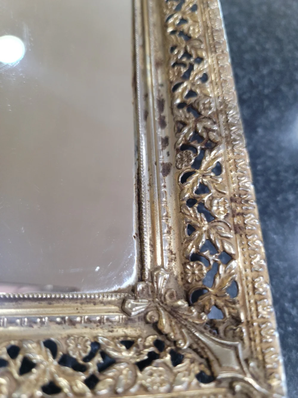 Vintage gold-tone metal filigree mirrored vanity tray